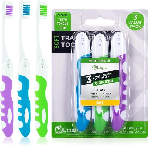 Lingito Travel Toothbrush, Folding Toothbrush Built in Cover, Travel Size Toothbrush for Hiking, Camping, Traveling, Portable Toothbrushes, Collapsible Travel Toothbrush Kit (3 Pack Soft-Multicolor) in Kuwait