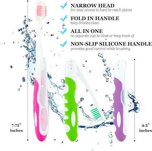 Lingito Travel Toothbrush, Folding Toothbrush Built in Cover, Travel Size Toothbrush for Hiking, Camping, Traveling, Portable Toothbrushes, Collapsible Travel Toothbrush Kit (3 Pack Soft-Multicolor) in Kuwait