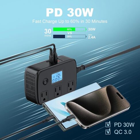 محول السفر العالمي 220 فولت إلى 110 فولت مع PD30W+2 QC3.0+3 منافذ تيار متردد، محول جهد 250 وات مع عرض الجهد الكهربي والقوة الكهربائية، مجموعة محول محول الطاقة للاتحاد الأوروبي/المملكة المتحدة/إيطاليا/أستراليا/آسيا/جنوب أفريقيا in Kuwait