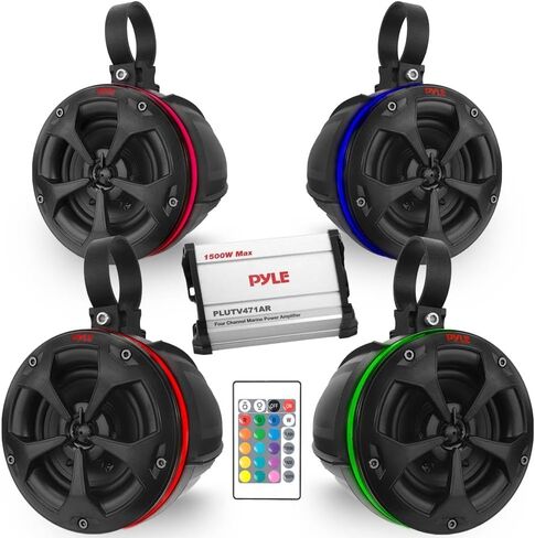 PyleUsa Waterproof Off-Road Speakers with Amplifier 4 Inch 800W 4-Channel Marine Grade Wakeboard Tower System w/ RGB Lights,Remote, Full Range Outdoor Audio Stereo Speaker for ATV,UTV,Quad, Jeep, Boat in Saudi Arabia