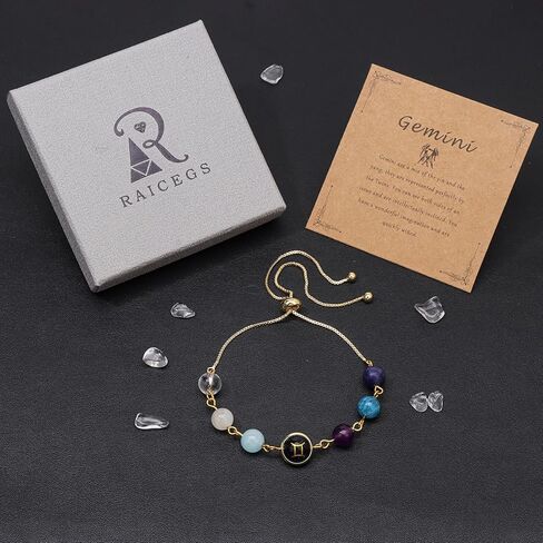 Zodiac Bracelets for Women 18K Gold Plated Natural Stone Zodiac Sign Bracelets Gemstone Beads Healing Crystal Bracelets Constellation Horoscope Jewelry Gifts in Kuwait