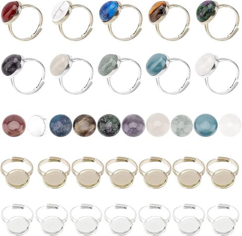 SUNNYCLUE 1 Box 30Pcs DIY 15 Sets Adjustable Finger Ring Blank Bases Synthetic Turquoise Cabochons Ring Settings for Jewelry Making Finger Ring Making Kit Brass Ring Blanks Adult Craft Silver Color in Saudi Arabia