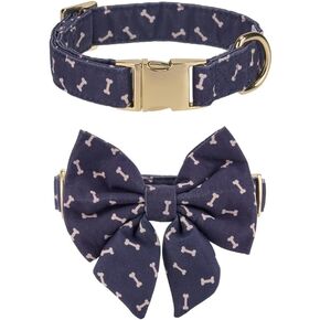 Adjustable Pet Bow Tie and Dog Collar for Lady Small Medium Large Dogs, Puppy Collar with Bowtie, Cute Lady Bow and Dog Collars - Comfort Soft Cotton (Blue Polka Dots, Small)