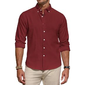 قميص رجالي من الكتان من J.VER كاجوال خفيف الوزن وأكمام طويلة وياقة بأزرار سفلية وقمصان للشاطئ للعمل في العطلات in Kuwait