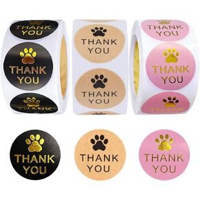 1500 Pcs Pet Paw Print Decals Thank You Sticker， Round Dog Paw Print Thank You Envelope Stickers Roll for Small Business，Round Kraft Labels Stickers