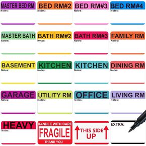 500 pcs 20 Designs Home Moving Labels for Boxes(2" x 3") Packing Labels for Moving Boxes Moving Stickers for Boxes Color Coded Box Labels for Moving with Writable Notes Areas