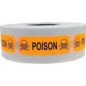 Fluorescent Orange with Black Poison Medical Healthcare Stickers, 0.5 x 1.5 Inches in Size, 500 Labels on a Roll