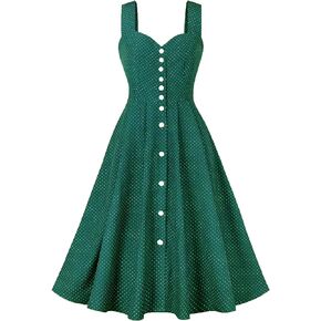 Wellwits Women's Wide Strap Button Polka Dots Vintage Cocktail Dress