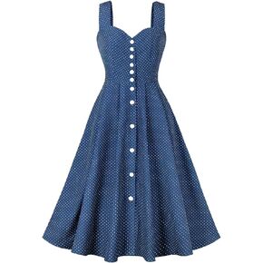 Wellwits Women's Wide Strap Button Polka Dots Vintage Cocktail Dress