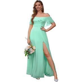 Chiffon Off Shoulder Bridesmaid Dresses Ruffle Short Sleeves A-Line High Slit Prom Dresses Formal Evening Gowns