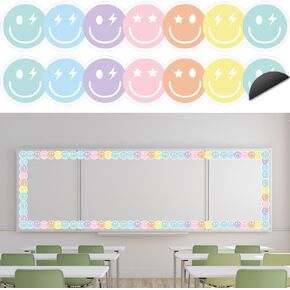 Whaline 24Pcs Preppy Happy Face Magnetic Bulletin Board Border Pastel Color Smile Face Magnetic Strips Border Trim for Office Classroom Decor
