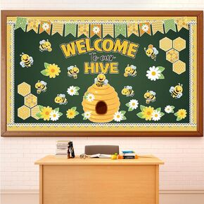 77Pcs Bee Bulletin Board Decorations Summer Bee Hive Cutout Classroom Bulletin Board Border Set Decoration Bee Sunflower Cut Outs for Wall Decor Chalkboard Back to School Supplies
