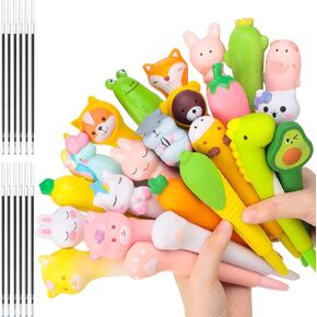 24 Pcs Cute Kawaii Pen Accessories For Girl Animal Fruit Shaped Stress Relief Supplies Gel Ink Pens with Replacement Refills for Kids Students School Office