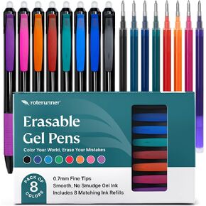 8 Multicolor Erasable Gel Pens + FREE Ink Refills 0.7mm Retractable Fine Point Smooth Planner Pens Eraser Pen for Coloring Best Erasable Pens for Kids & Adults (Black Casing)