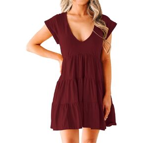 FOWSMON Women's Casual Summer Dress Sexy V Neck Short Sleeve Flowy Ruffle 2024 Trendy Short Mini Dresses
