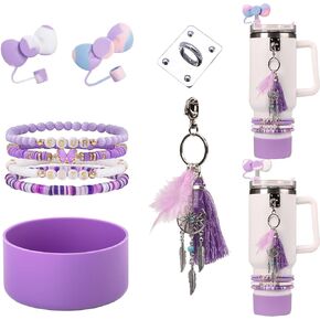 10PCS Purple Stanley Cup Accessories Set for 40oz ＆ 30oz Stanley Cup Including Straw Covers Cap,Boot,Charm,Bracelets (Purple)