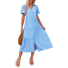 Fisoew Womens Button Down Shirt Dress Summer Casual Puff Short Sleeve V Neck Flowy Midi Dresses
