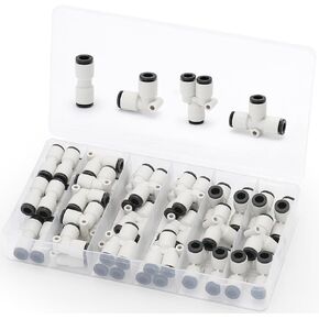 1/4 Push to Connect Fittings, Premium Pneumatic Fittings Kit 10 Spliters+10 Elbows+10 tee+10 Straight, Quick Connect Fittings for Air Line 1/4 inch Od Tube (40 pcs)