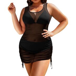 Pinup Fashion Plus Size Swimsuit Cover Ups Women Sexy Sheer See Through Mesh Mini Dress