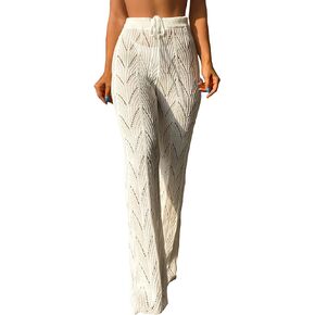WDIRARA Women's Swimwear Drawstring Waist Tie Front Sheer Mesh Knit Cover Up Pants