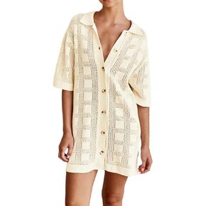 Kedera Women's Crochet Dress Button Up Cover Ups Knitted Hollow Shirt Dress Short Sleeve Summer Cutout Beach Dress