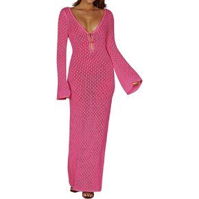 Crochet Swimsuit Cover Up for Women V Neck Maxi Beach Dress Long Sleeve Beachwear Hollow Out Bikini Coverup Dress