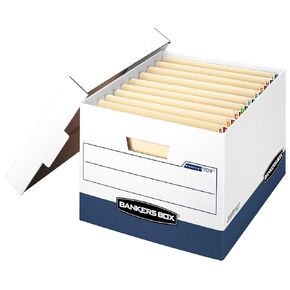 Bankers Box 12 Pack STOR/File End Tab Heavy-Duty File Storage Boxes, FastFold, Lift-Off Lid, White/Blue