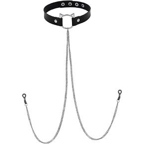 Fake Nipplerings for Women Chains Dangle Non Piercing Nipplerings PU Leather Choker Necklace Adjustable Sexy Body Chains