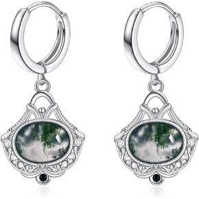 Moss agate Hoop Earrings Sterling Silver Nordic Filigree Earrings Boho Floral Hoops Jewelry Gifts for Women Girls