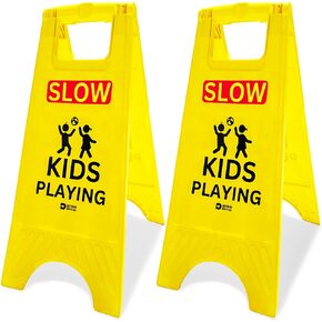 (DETOUR Devices) SLOW Kids Playing Sign for Street - High Visibility Yellow, Double-Sided Text with Graphics Foldable Slow Down Signs for Street, Neighborhood Roads, etc. (2 Pack)