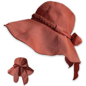 huablo]Women Wide Brim Foldable Sun Hat Women’s Big Bowknot Hat UPF50+ Protection Travel Beach Cap Brick red