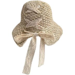 Beige Lady Straw Hat Female Lace Bowknot Hollow Crochet Hat Summer Sunshade Sun Hats Foldable Basin Hat