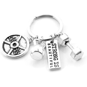 Fitness Gym Keyring with Quotes Weight plate Dumbbell and Kettlebell Exercise Strong is Beautiful Charm Pendant Keychain Gifts for Daddy Husband Boyfriend
