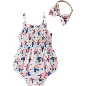 Bowanadacles Baby Girl 4th of July Outfits Infant Sleeveless American Flag Romper Ruffle Summer Vest Bodysuit with Headband