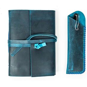 Genuine Leather Bound Writing Journal For Men & Women 260 Kraft Unlined Pages Handmade Ocean Blue 6x8