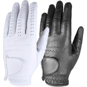 -2 Piece Single Left Hand Golf Unisex Premium Leather Golf Glove - Color Black & White