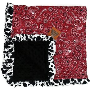 Dear Baby Gear Farm Deluxe Baby Blanket - Reversible, Milestone & Newborn Gifts for Girls and Boys - Red Handkerchief Blanket with Black Dot and Cow Print Ruffle - 33 x 33 Inches