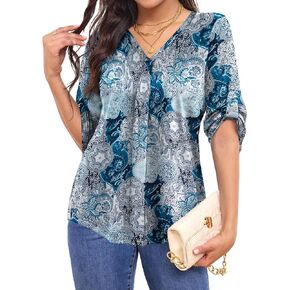 Tralilbee Women's Plus Size 3/4 Roll Sleeve Tops V Neck Floral Blouses Casual Tunic Top