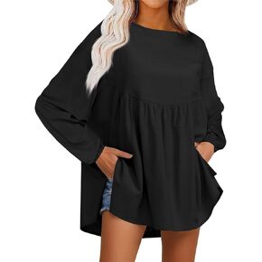 Tankaneo Womens Babydoll Peplum Tops Oversized Long Sleeve Shirts Maternity Casual Loose Fit Tunic