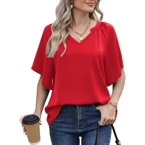 Jouica Womens Chiffon Blouses Casual Flowy Bell Sleeve Shirt Loose V Neck Pleated Tunic Tops