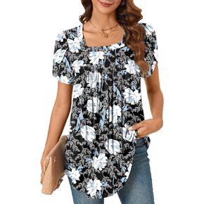 Women's Summer Tops Petal Short Sleeve Tunic Top Casual Square Neck Shirts Loose Fitting Cute Blouse