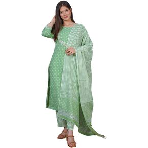 Women's Cotton Printed Straight Kurta With Palazzo & Dupatta Set