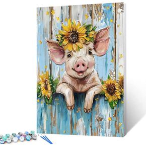 Farm Animal Pig Paint by Numbers for Adults Piggy DIY Paint by Numbers Acrylic Vintage Style Paint Canvas Kitchen Decor Sunflowers Painting Kits Farm Art 20x16 Inch 16x20 Inch （Without Frame）