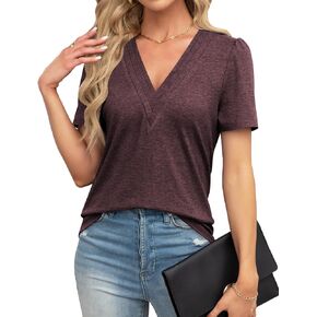 THANTH Womens Tops Dressy Casual V Neck Puff Short Sleeve Shirts Summer Loose Tunic Blouses T Shirts Trendy Tops