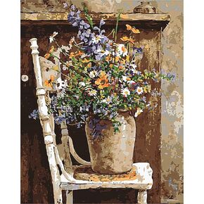 CaptainCrafts Paint by Numbers, DIY Oil Painting Paint by Numbers Kits for Adults 16x20 INCH Art Deco Home Gifts (with Frame, Wild Flowers Pots Chair)