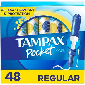 Tampax Pocket Pearl Tampons, with LeakGuard Braid, Regular Absorbency, Unscented, 48 Count Total (3 Packs of 16)