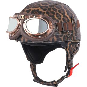 Motorcycle Half Helmets DOT Approved, Retro Leather Open Face Helmet, Novelty Half Shell Helmets for Men Women, Vintage Thin Skull Cap Helmet for Vespa Moped Scooter