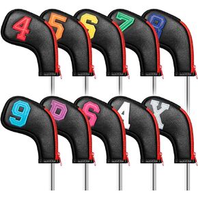 Golf Head Covers for Iron Headcover with Zipper Black Leather 10pcs Set Colorful Number Embroideried PU Leather Waterproof Fit All Brands