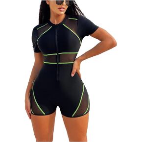 Women's Colorblock Mesh Zipper Diving Suit One Piece Swimsuit Short Sleeve Bathing Suit