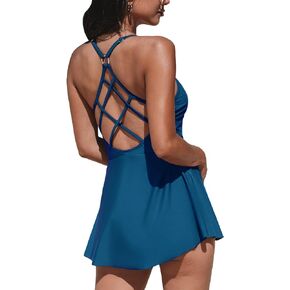 CUPSHE Women's One Piece Swimsuit Tummy Control Swim Dress Skirted Bathing Suit Back Crisscross